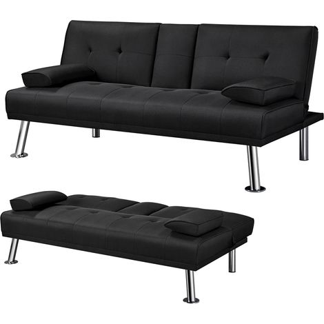 Yaheetech Divano Letto con 2 Braccioli Staccabili Divano Trasformabile Mobile Imbottito a 3 Posti Divanetto Reclinabile da Salotto con Supporto Centrale Porta Bicchieri Nero/Tessuto (1/5)