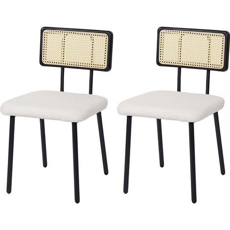 Ensemble de 2 chaises de salle à manger cuisine en métal poly-rotin bois et tissu/textile blanc bouclé CDS04800 (1/5)