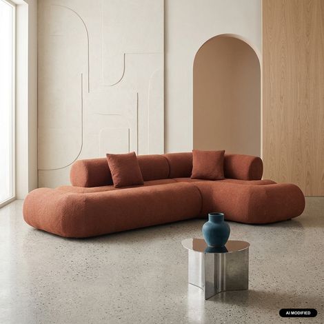 Canapé d'angle droit organique 3 places bouclette texturée terracotta - Iconik