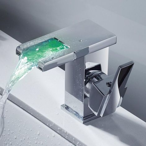 Robinet de lavabo pour salle de bain avec lumière LED cascade, mitigeur de salle de bain en laiton et verre, robinetterie eau froide et eau chaude (1/4)