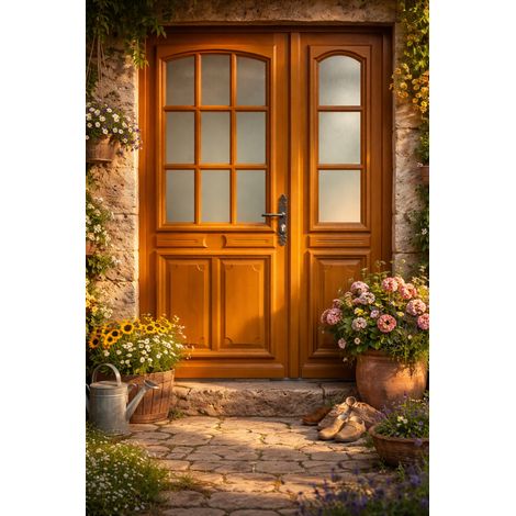 Puerta de entrada de madera con paneles en tiernas, con vidrio, color marino, altura 215 x 140 cm, izquierda, marco de tabla, manilla, bombín grande, carpintería
