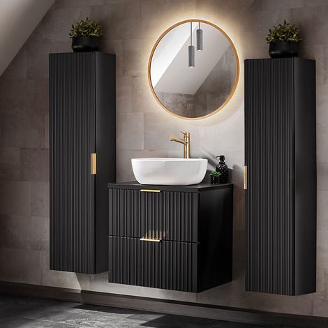 Badezimmer Möbel Set, 60cm Waschtisch mit Keramik Aufsatzbecken, 2 Hochschränke, matt schwarz mit gerillter Front, ADELAIDE-56-BLACK, B/H/T ca. 160/200/46,5 cm (1/5)