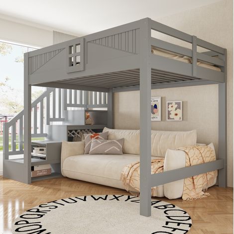 CHICFURN Cama alta 140x200 cm de madera gris con escalera con almacenaje reversible, sin colchón (1/5)