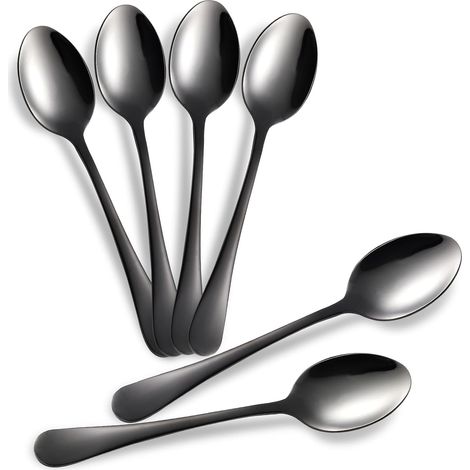 Lot de 6 cuillère, acier inoxydable, 12 cm, manche ergonomique, noir, café, dessert, thé, lave-vaisselle (1/5)
