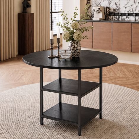Table à manger ronde 107 cm MDF décor bois noir et métal, 2 étagères, 2 à 4 personnes - CHICFURN (1/5)