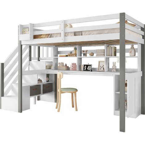 Lit mi-hauteur 90x200 cm avec bureau, étagère ouverte, rangements en tissu et escalier coffre, blanc et gris, pour chambre d’enfant ou ado - CHICFURN (1/5)