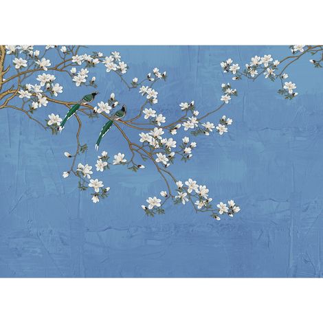 Papier peint Sakura Bleu Fleurs de Cerisier - 375 x 270 cm (1/4)