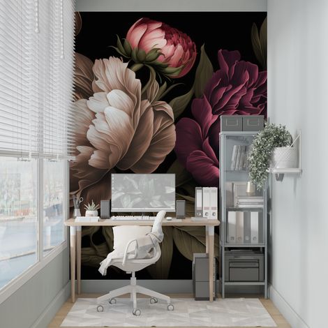 Papier Peint Floral - Pivoines Élégantes sur Fond Sombre - 150 x 250 cm (1/2)