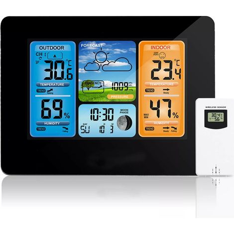 Station météo sans Fil Horloge de météo ,colorée numérique avec capteur extérieur ,Thermomètre extérieur intérieur avec Date Température Humidité Baromètre Alarme Phase de la Lune Horloge météo（noir） (1/5)