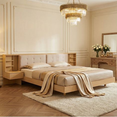 Cama con espacio de almacenamiento en madera de ingeniería natural, 180x200 cm, cabecero acolchado con USB y enchufe europeo. (1/5)