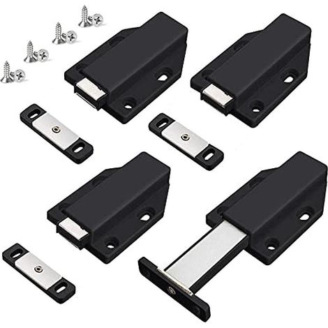 Loquets à pression robustes, lot de 4, quincaillerie pour armoire à ouverture par pression, loquets à contact magnétique pour porte, noir (1/5)