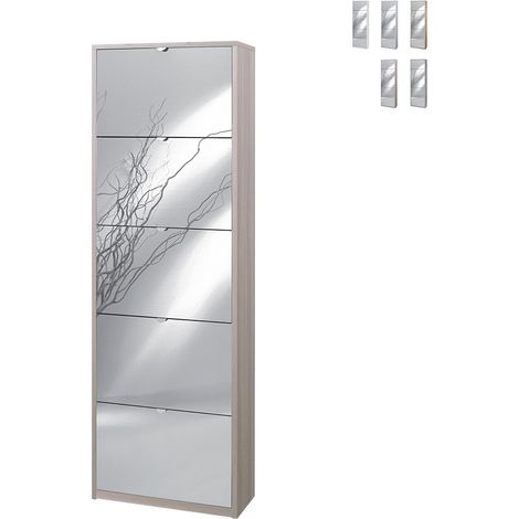 Platzsparender schmaler Schuhschrank mit fünf Spiegeltüren Ulme hell 63x29x H190 cm (1/5)