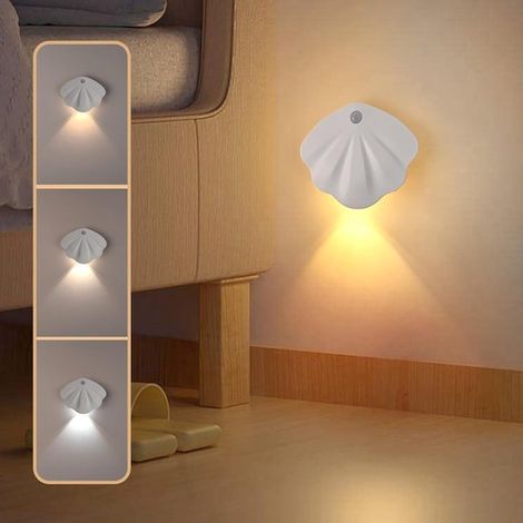 Veilleuse détecteur de mouvement – Blanche – Rechargeable USB – 3 modes de couleur – Magnétique – Applique coquillage – Grande batterie (1/5)