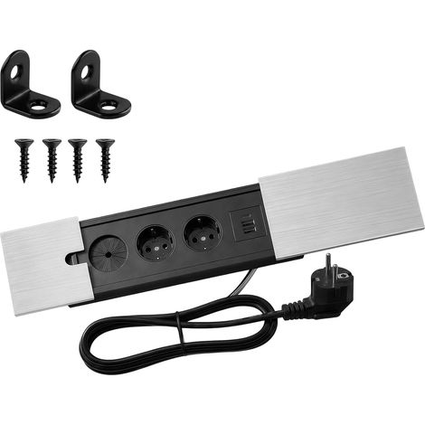 Prise encastrable, rétractable, 2 Prises EU + USB, 1.7m, Argent, pour Plan de Travail (1/5)