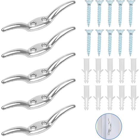 Lot de 5 crochets de fixation - Taquet d'amarrage - Avec vis de fixation et bouchons en plastique - Pour yachts, mâts de drapeau, voiliers, auvents (1/5)