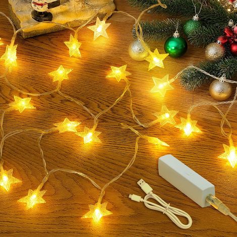 Guirlande étoiles, 10 M 100 LED Guirlande Lumineuse Chambre Rechargeable avec Minuteur et 8 Modes, Guirlande Led pour Déco Noel Intérieur et Extérieur, Blanc Chaud (1/5)