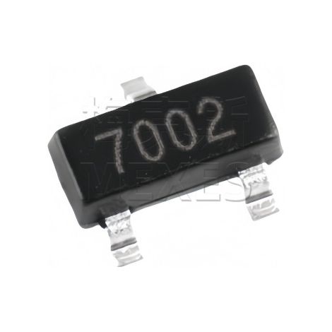ON Semiconductor 2N7002, screen-printed 7002, SOT-23-3L, N-channel MOSFET, electronic component on chip, 5 units, packaged in 5 packs.