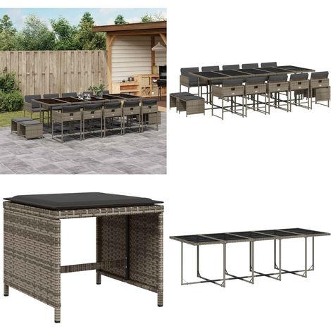 15-tlg. Garten-Essgruppe mit Kissen Grau Poly Rattan - Gartenmöbel Set - Gartentisch - Gartenstühle - Gartenhocker - Rattan Möbel - Home & Living (1/5)