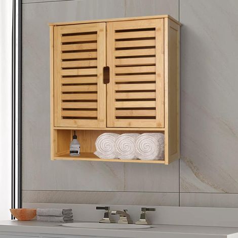Mobiletto da Bagno a Parete in Bambu Portaoggetti Organizer Ripiano Altezza 66,5 cm (1/5)