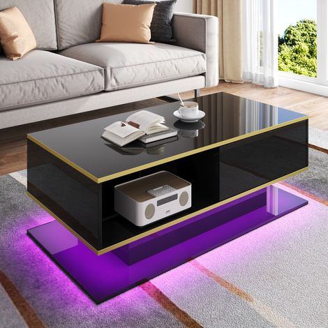 Mesa de centro elegante alto brillo 3 cajones almacenaje madera 100x50x40 cm color negro y dorado (1/5)