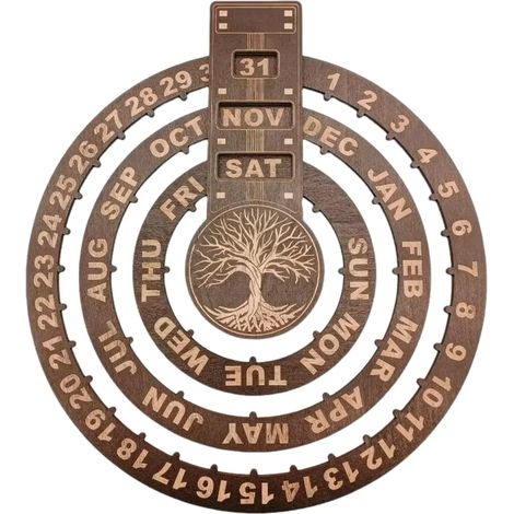 Calendrier perpétuel en bois, rotatif, circulaire, lune, arbre, soleil, cadran rond, calendrier mural à accrocher au bureau, décoration murale (1/5)