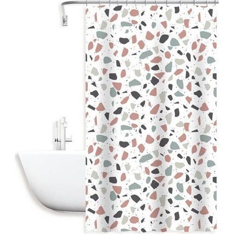 TRADE SHOP - Tenda Doccia Antimuffa Impermeabile 180x200cm Anelli Bagno Bianco Graniglia 69833 - (1/2)
