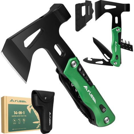 FLISSA Outil Multifonction 14 en 1 Outil Multifonctionnel Gadgets de Camping Kit de Hache avec Couteau Pliant Tournevis pour Réparation d'urgence en Plein Air avec Sac de Transport