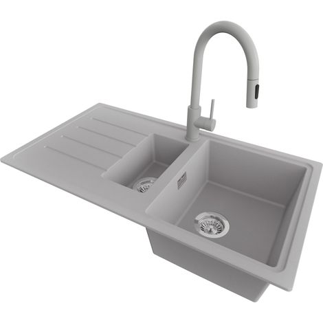 PRIMAGRAN Evier Cuisine en Granit 90x50cm,Lavabo 1,5 bacs + Robinet 40x20cm + Kit de Vidage, Évier à Encastrer au Meuble 60cm - Copenhague Duo, Gris