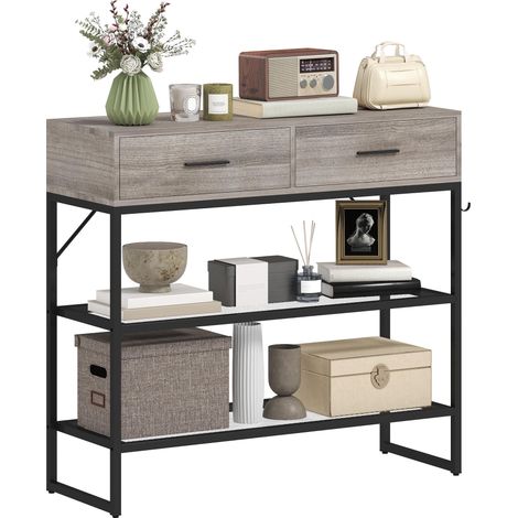 Console d'entrée avec 2 tiroirs, 2 étagères et crochet latéral, en bois et métal, 100 x 35 x 92 cm, noir et bois (1/5)