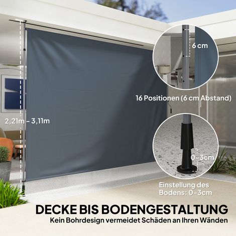 Stores banne réglable en hauteur avec manivelle, fixation par pince sans perçage, bras articulés, 350 cm de large, gris anthracite