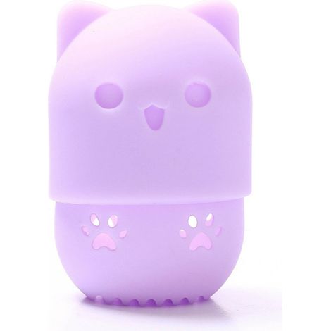 Caja de almacenamiento portátil de silicona con forma de gatito, de secado rápido, para esponja de maquillaje, estuche protector y cápsula morada.