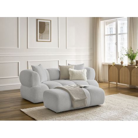 BOBOCHIC - Canapé droit fixe 2 places PAMIRA tissu bouclette avec pouf Gris clair (1/5)