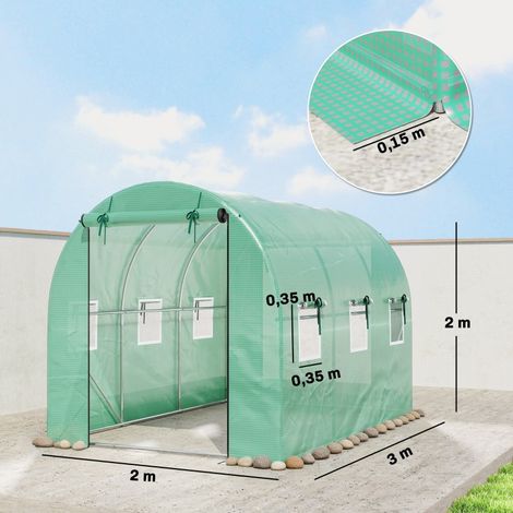 Serre de jardin 3x2x2 m en aluminium vert, équipée de roulettes pivotantes, 2 ouvertures zippées et 6 parois grillagées, avec poteaux de renfort, abri de culture mobile. (1/5)