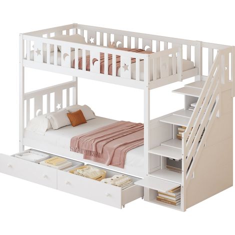 Lit Superposé Enfant Bois Massif 90x200cm, Echelle avec rangement, Deux grands tiroirs et sommier à lattes, blanc (1/5)