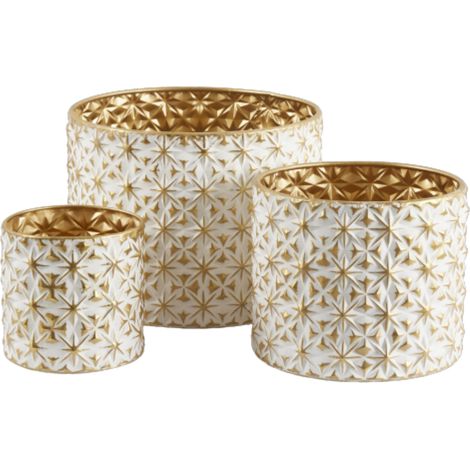 Vaso rotondo in metallo rivestito in bianco con stelle dorate set da 3 pezzi (1/4)
