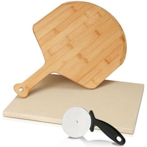 Pierre à pizza en cordiérite 30 x 38 cm avec pelle à pizza en bois et roulette, pierre réfractaire pour four et barbecue (1/5)