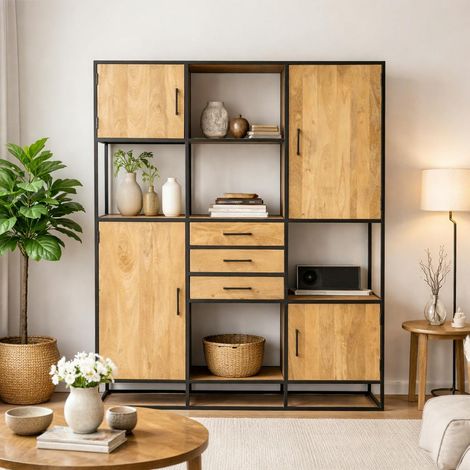 Bibliothèque XXL 4 portes bois clair et métal noir RIVANO