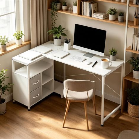 Escritorio esquinero con enchufe y almacenaje blanco OKMYHOME (1/5)