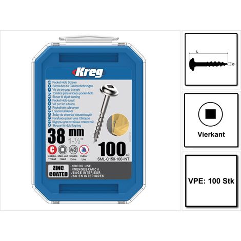 KREG Pocket-Hole Linsenkopfschraube 38mm 100 Stk. ( SML-C150-100 ) Vierkantantrieb Teilgewinde Grobgewinde selbstschneidend verzinkt
