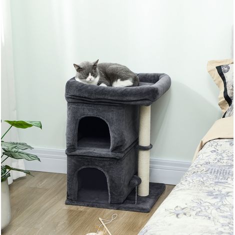 Albero tiragraffi compatto 45 x 40 x 66 cm, 2 nicchie, piattaforma, grigio scuro HAVRYA (1/4)