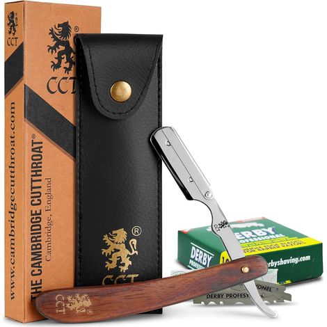 Coupe Choux Rasoir Droit de Barbier Manuel avec 10 Lames de Derby - Kit avec étui de voyage en cuir - Accessoire pour homme - Missanda en Bois Dur & Acier Inoxydable (1/5)