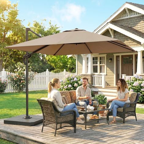 Parasol déporté carré jardin extérieur pied dalles lestage mât aluminium protection UV50+ 2,4x2,4m, kaki