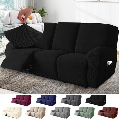 3-Sitzer Sessel Überzug, Sesselbezuge Stretch mit Taschen, All-Inclusive Streifen-Jacquard Sesselschoner für Fernsehsessel Relaxsessel Sesselhusse (Schwarz, 8-Teilig)