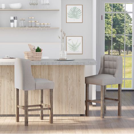 Taburetes de bar con respaldo, set de 2, capitoné, reposapiés, gris y natural HAVRYA (1/5)