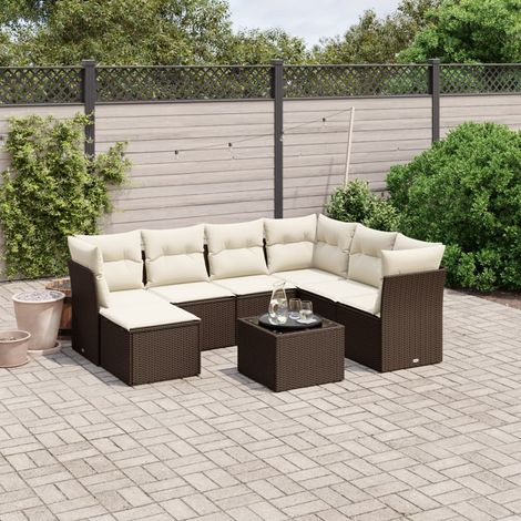 Salon de jardin 8 places en résine tressée marron avec canapés modulaires, table verre, repose-pied et coussins lavables crème (1/4)