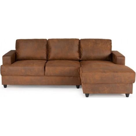 Canapé d'angle droit 4 places – Tissu polyester marron vintage – Structure en pin massif – Dimensions L 215 x P 140 x H 86 cm (1/5)