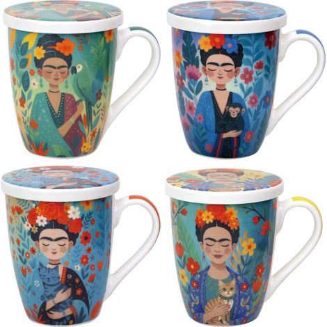 Set de 4 tazas de té con filtro de porcelana azul floral
