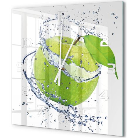 Grande Horloge Murale Carrée Décoration Murale Verre Trempé Design Artistique Pomme verte 60x60 cm (1/5)