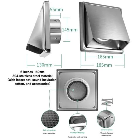 Grille d'aération en acier inoxydable 304 de 150 mm, grille d'évacuation d'air, avec clapet anti-retour intégré, moustiquaire et ouate insonorisante (1/5)
