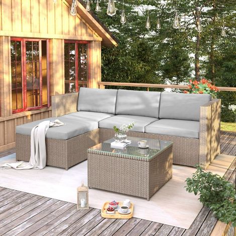 Salon de Jardin d'Angle en Résine Tressée avec Coussins et Table en Verre, Kaki (1/5)